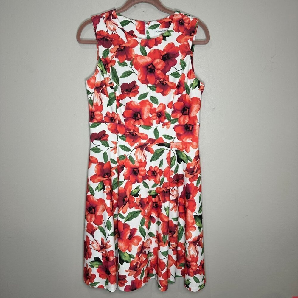 CALVIN KLEIN Floral A-Line Midi Sleeveless Dress Size 10 Red Work Career Event